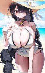 Rule 34 | 1girl, absurdres, bare arms, bare legs, bare shoulders, beach, black hair, blue archive, blush, breasts, cleavage, cowboy shot, day, eyes visible through hair, fingernails, flower, groin, hair over one eye, halo, hat, hat flower, highres, hinata (blue archive), hinata (swimsuit) (blue archive), huge breasts, long hair, nicorima, ocean, official alternate costume, one-piece swimsuit, open mouth, outdoors, red eyes, solo, sun hat, swimsuit, very long hair, wet, white flower, white one-piece swimsuit, yellow halo