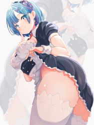 Rule 34 | 1girl, absurdres, ass, black dress, blue eyes, blue hair, blunt bangs, breasts, clothes lift, collared dress, commentary, dress, dress lift, english commentary, hair ornament, hair ribbon, highres, index finger raised, lifted by self, looking at viewer, maid, maid headdress, medium breasts, no panties, parted bangs, re:zero kara hajimeru isekai seikatsu, rem (re:zero), ribbon, short hair, sidelocks, simple background, smile, standing, thighhighs, thighs, white background, white thighhighs, x hair ornament, zerobarto, zoom layer