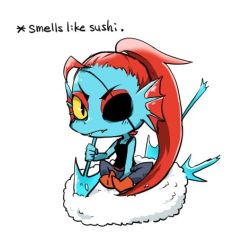 Rule 34 | 1girl, bare shoulders, blue skin, chibi, colored skin, english text, eyepatch, fangs, fins, head fins, lowres, polearm, ponytail, rebecca (keinelove), red hair, rice, sitting, solo, spear, tank top, undertale, undyne, weapon