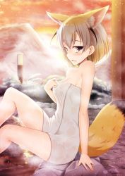Rule 34 | 10s, 1girl, akine (kuroyuri), animal ears, bare shoulders, blonde hair, blush, breasts, brown eyes, brown hair, cleavage, collarbone, evening, extra ears, fennec (kemono friends), fox ears, fox tail, from side, highres, holding, holding towel, kemono friends, lens flare, looking at viewer, medium breasts, mountain, multicolored hair, naked towel, onsen, open mouth, outdoors, see-through, short hair, sitting, sky, snow, solo, steam, tail, towel, wet, wet towel