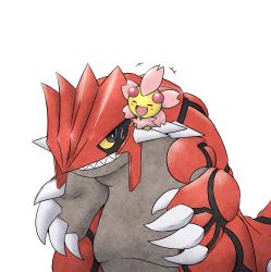 Rule 34 | black eyes, blush, cherrim, cherrim (sunshine), claws, colored sclera, creatures (company), closed eyes, game freak, gen 3 pokemon, gen 4 pokemon, groudon, happy, highres, kashiwa (3920kashiwa), legendary pokemon, light blush, looking at another, looking to the side, nintendo, no humans, notice lines, open mouth, pokemon, pokemon (creature), sharp teeth, simple background, size difference, smile, spikes, standing, sweat, teeth, white background, yellow sclera