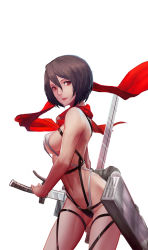 Rule 34 | 1girl, absurdres, bad id, bad pixiv id, black hair, breasts, covered erect nipples, heihei de hei yan long, highres, lips, looking at viewer, medium breasts, mikasa ackerman, muscular, muscular female, red eyes, revealing clothes, scarf, shingeki no kyojin, short hair, simple background, slingshot swimsuit, solo, swimsuit, three-dimensional maneuver gear
