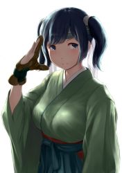 Rule 34 | 10s, 1girl, bad id, bad twitter id, blue eyes, blue hair, blush, breasts, brown gloves, closed mouth, gloves, headband, highres, inactive account, japanese clothes, kantai collection, kimono, matching hair/eyes, medium breasts, partially fingerless gloves, partly fingerless gloves, salute, sash, short hair, short twintails, smile, solo, souryuu (kancolle), tareme, twintails, upper body, wa (genryusui), yugake