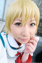 Rule 34 | 1girl, 2007, apron, asian, bench, blonde hair, blue eyes, chippi, color contacts, cosplay, dutch angle, erstin ho, erstin ho (cosplay), highres, looking at viewer, maid, maid apron, my-otome, outdoors, photo (medium), school uniform, short hair, sitting, solo, watermark, web address