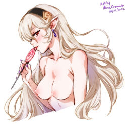 Rule 34 | 1girl, artist name, black hairband, blush, breasts, candy, collarbone, corrin (female) (fire emblem), corrin (fire emblem), cropped torso, dated, earrings, fire emblem, fire emblem fates, food, hair between eyes, hairband, holding, holding candy, holding food, holding lollipop, jewelry, licking, lollipop, long hair, looking at viewer, medium breasts, mina cream, nintendo, nipples, nude, pointy ears, purple nails, red eyes, smile, solo, tongue, tongue out, white background, white hair