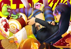 Rule 34 | 10s, bad id, bad pixiv id, cake, chuck (psg), food, highres, long hair, multicolored hair, panty &amp; stocking with garterbelt, senni, spoon, stocking (psg), striped clothes, striped legwear, striped thighhighs, thighhighs, two-tone hair