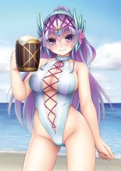 Rule 34 | 1girl, aqua one-piece swimsuit, beer mug, blue gemstone, breasts, cleavage, closed mouth, cloud, covered collarbone, cowboy shot, cup, day, embarrassed, flower knight girl, gem, hair between eyes, halterneck, head wings, holding, large breasts, long hair, looking at viewer, mug, multicolored hair, one-piece swimsuit, outdoors, purple eyes, purple hair, silver hair, sky, solo, standing, swimsuit, tankard, thighs, two-tone hair, very long hair, water, white one-piece swimsuit, wings, yuru, zebrina (flower knight girl)