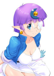 Rule 34 | 1990s (style), 1girl, arara cocoa, belt, blue eyes, breasts, cleavage, crescent, crescent hair ornament, dress, earrings, glasses, gloves, hair ornament, jacket, jewelry, ng knight lamune &amp; 40, pink hair, pointy ears, short hair, sitting, solo, ueyama michirou