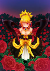 Rule 34 | 1girl, blonde hair, bow, breasts, cleavage, disgaea, dress, earrings, flower, highres, jewelry, jpeg artifacts, large breasts, makai senki disgaea 2, one eye closed, pointy ears, qblade, red eyes, red rose, rose, rozalin, solo, strapless, strapless dress, wink, yellow bow