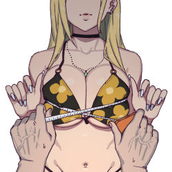 Rule 34 | 1girl, bare shoulders, bikini, bikini top only, black bikini, blonde hair, breasts squeezed together, breasts, choker, cleavage, ear piercing, head out of frame, highres, jewelry, kitagawa marin, large breasts, long hair, nail polish, navel, necklace, onsen tamago (hs egg), parted lips, piercing, pink lips, pov, print bikini, simple background, sono bisque doll wa koi wo suru, stomach, sweatdrop, swimsuit, tape measure, underboob, upper body, veins, veiny hands, white background, white nails