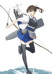 Rule 34 | 1girl, arrow (projectile), black hair, black thighhighs, bow (weapon), brown eyes, flight deck, full body, hakama, hakama short skirt, hakama skirt, highres, japanese clothes, kaga (kancolle), kantai collection, long hair, looking to the side, machinery, mast, muneate, negahami, quiver, side ponytail, simple background, skirt, solo, tasuki, thighhighs, water, weapon, white background, yumi (bow)