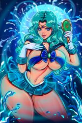 Rule 34 | 1girl, adapted costume, alternate hairstyle, areola slip, artist request, bishoujo senshi sailor moon, black background, blue background, breasts, character request, curly hair, earrings, gloves, gradient background, green hair, hand mirror, hand on own chest, huge breasts, jewelry, lips, mirror, navel, skirt, water