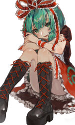 Rule 34 | 1girl, :d, arm ribbon, black footwear, blush, boots, brown dress, cross-laced footwear, dress, flower, frilled ribbon, frills, green eyes, green hair, hair ribbon, high heel boots, high heels, highres, kagiyama hina, knees up, lace-up boots, looking at viewer, open mouth, red flower, red ribbon, ribbon, short sleeves, simple background, sitting, smile, solo, teruteru (teru teru), touhou, white background
