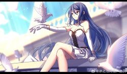 Rule 34 | 1girl, artist request, bare legs, bird, blue hair, blue sky, blurry, blurry background, cang yue (tou xing jiuyue tian), closed mouth, collarbone, crossed legs, dress, elbow gloves, expressionless, gloves, grey eyes, highres, light rays, long hair, on railing, railing, second-party source, sky, solo, tou xing jiuyue tian, upper body, white bird, white dress