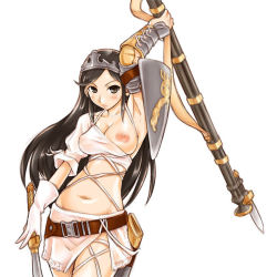 Rule 34 | 1girl, aisha (ash), archaic sealed heat, armor, ash (game), breasts, crown, hat, large breasts, nipples, see-through, shield, solo, sword, weapon