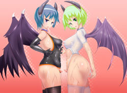 Rule 34 | 2girls, aqua hair, bikini pull, blush, clitoris, clothes pull, collar, covered erect nipples, demon, demon girl, erect clitoris, green eyes, green hair, hand grab, horns, interlocked fingers, large clitoris, multiple girls, open mouth, purple eyes, pussy, saliva, shiny clothes, shiny skin, short hair, smile, sweat, thighhighs, tight clothes, totoya, wings