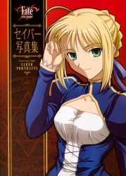 Rule 34 | 1girl, absurdres, ahoge, artoria pendragon (fate), blonde hair, blue dress, blue ribbon, blush, braid, breasts, character name, copyright name, cover, cover page, dress, fate/stay night, fate (series), french braid, green eyes, hair ribbon, hand in own hair, highres, huge filesize, ishihara megumi, juliet sleeves, logo, long sleeves, looking at viewer, magic circle, medium breasts, official art, puffy sleeves, red background, ribbon, saber (fate), smile, solo