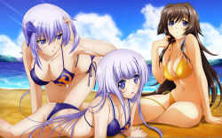 Rule 34 | 3girls, adjusting hair, arm support, beach, bikini, blue eyes, blue hair, breasts, brown hair, cleavage, cloud, commentary, cryska barchenowa, day, derivative work, frilled bikini, frills, frown, hammer and sickle, hanging breasts, highres, inia sestina, large breasts, leaning forward, legs, long hair, lying, miyata sou, multiple girls, muv-luv, muv-luv alternative, muv-luv total eclipse, navel, ocean, official art, on stomach, outdoors, scan, side-tie bikini bottom, sitting, sky, strap gap, swimsuit, takamura yui, thigh gap, thighs, third-party edit, vector trace, very long hair, yellow bikini