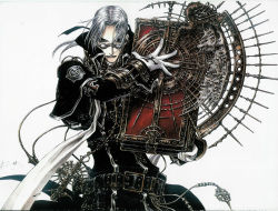 Rule 34 | 00s, 1boy, abel nightroad, belt, book, buckle, coat, cowboy shot, holding, holding book, long sleeves, looking at viewer, male focus, official art, oversized object, scan, shibamoto thores, silver hair, simple background, solo, standing, trinity blood, uniform, white background