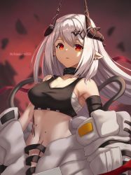 Rule 34 | 1girl, arknights, bad id, bad pixiv id, bandages, bare shoulders, black choker, breasts, chagara, choker, commentary, crop top, highres, horns, infection monitor (arknights), large breasts, long hair, looking at viewer, midriff, mudrock (arknights), mudrock (elite ii) (arknights), navel, off shoulder, parted lips, pointy ears, red eyes, sarashi, silver hair, solo, sports bra, stomach, upper body