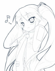 Rule 34 | 1girl, amakara surume, bad id, bad pixiv id, blush, detached sleeves, female focus, hatsune miku, highres, long hair, monochrome, musical note, necktie, simple background, smile, solo, twintails, upper body, very long hair, vocaloid, white background