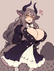 Rule 34 | 1girl, absurdres, animal ears, blush, breast lift, breasts, brown eyes, brown hair, cleavage, commission, facial mark, heart, highres, horns, large breasts, long hair, long sleeves, looking at viewer, open mouth, original, smile, solo, the scarlet devil