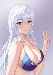 Rule 34 | 1girl, absurdres, azur lane, bare arms, bare shoulders, bikini, blue bikini, breasts, cleavage, closed mouth, collarbone, enterprise (azur lane), freed turing, from side, hair between eyes, hand up, highres, large breasts, long hair, looking at viewer, looking to the side, nail polish, purple background, purple eyes, purple nails, simple background, swimsuit, upper body, v, white hair