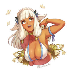 Rule 34 | 1girl, alternate costume, animal ears, ash (fire emblem), bikini, black horns, breasts, brown eyes, bug, butterfly, cleavage, collar, commentary, cow ears, cow girl, cow horns, cropped torso, dark-skinned female, dark skin, ear piercing, english commentary, fire emblem, fire emblem heroes, flower, head wreath, horns, insect, large breasts, long hair, looking at viewer, looking up, meziosaur, nintendo, open mouth, piercing, simple background, smile, solo, swimsuit, teeth, upper teeth only, white background, white bikini, white flower, white hair