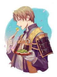 Rule 34 | 1boy, armor, brown hair, commentary request, cropped torso, eating, food, food request, fork, from side, glint, gloves, holding, holding food, japanese armor, kusazuri, long sleeves, looking at viewer, male focus, open mouth, original, parted bangs, petals, pink eyes, plate, profile, signature, solo, upper body, white gloves, yamakawa