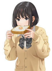 Rule 34 | 1girl, biting, black bow, black bowtie, black hair, blush, bow, bowtie, bread, bread slice, brown eyes, collared shirt, commentary request, eating, food, fried egg, fried egg on toast, hands up, holding, long sleeves, looking at viewer, mattaku mousuke, medium hair, original, school uniform, shirt, simple background, sleeves past wrists, solo, striped bow, striped bowtie, striped clothes, toast, twitter username, upper body, white background, white shirt