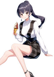 Rule 34 | 1girl, black footwear, black hair, blush, boku no kokoro no yabai yatsu, breasts, brown eyes, closed mouth, commentary request, feet out of frame, food, food on face, grey skirt, high heels, highres, holding, holding food, ice cream, ice cream cone, knees together feet apart, long hair, long sleeves, looking at viewer, medium breasts, plaid, plaid skirt, ponytail, puffy long sleeves, puffy sleeves, ririko (zhuoyandesailaer), shirt, shoes, simple background, sitting, skirt, smile, soft serve, solo, suspender skirt, suspenders, very long hair, white background, white shirt, yamada anna