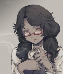 Rule 34 | 1girl, black bow, black bowtie, bow, bowtie, brown hair, check commentary, cigarette, collared shirt, commentary, commentary request, glasses, grey background, hand on own chest, holding, holding cigarette, long hair, long sleeves, low twintails, no headwear, open mouth, orange eyes, purple vest, ranko no ane, red-framed eyewear, shirt, smoke, smoking, thick eyebrows, touhou, twintails, upper body, usami sumireko, vest, white shirt