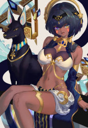 Rule 34 | 1girl, b-pang, bare shoulders, black hair, blue eyes, breasts, candace (genshin impact), dark-skinned female, dark skin, detached sleeves, egyptian clothes, eye of horus, genshin impact, hair ornament, heterochromia, jewelry, large breasts, looking at viewer, nail polish, navel, neck ring, short hair with long locks, sitting, solo, thighlet, yellow eyes