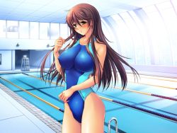 Rule 34 | 1girl, blush, breasts, brown hair, competition swimsuit, covered erect nipples, game cg, green eyes, impossible clothes, impossible swimsuit, indoors, kashiwazaki nana, lane line, large breasts, long hair, one-piece swimsuit, pool, pool ladder, poolside, shinnin kyonyuu jokyoushi nana, solo, standing, sunlight, swimsuit, tachi-e, window, yoshino keiko