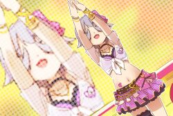Rule 34 | 1girl, :d, arms up, blush, bow, breasts, collarbone, commentary request, crop top, dutch angle, grey hair, hair bow, hair flaps, hair intakes, idolmaster, idolmaster cinderella girls, idolmaster cinderella girls starlight stage, koshimizu sachiko, navel, open mouth, pink bow, pleated skirt, polka dot, polka dot skirt, purple skirt, shirt, short sleeves, skirt, small breasts, smile, solo, tied shirt, white shirt, yukie (kusaka shi), zoom layer