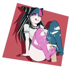 Rule 34 | 10s, 1girl, blush, bottomless, bright pupils, cum, cum on body, cum on clothes, cum on lower body, danganronpa (series), disembodied penis, ejaculation, feet, footjob, full body, highres, legs, licking lips, mioda ibuki, multicolored hair, no shoes, outside border, penis, piercing, school uniform, serafuku, solo, spicy bardo, thighhighs, tongue, tongue out, uncensored