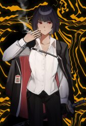 Rule 34 | 1girl, abstract background, black hair, black jacket, black pants, cigarette, closed mouth, hand up, highres, holding, holding cigarette, id card, jacket, jacket on shoulders, limbus company, long sleeves, msx (mis4xi), pants, project moon, red eyes, ryoshu (project moon), shirt, short hair, smoke, solo, white shirt