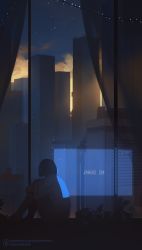 Rule 34 | 1girl, aurahack, barefoot, building, cityscape, commentary, english commentary, from behind, highres, hugging own legs, original, reflection, screen light, short hair, sitting, skyscraper, solo