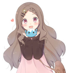 Rule 34 | 10s, 1girl, aoba kokona, bag, blush, braid, brown hair, dress, flower, hair ornament, handbag, heart, long hair, looking at viewer, open mouth, simple background, smile, solo, stuffed toy, very long hair, white background, yama no susume