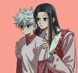 Rule 34 | 2boys, black eyes, black hair, brothers, commentary request, ctfsxxrt, grey hair, hands on another&#039;s shoulders, highres, hunter x hunter, illumi zoldyck, killua zoldyck, long hair, male focus, multiple boys, short hair, siblings, simple background, upper body