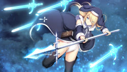Rule 34 | 1girl, blonde hair, blue eyes, book, breasts, capelet, closed mouth, cloud, daiaru, detached sleeves, female focus, fighting stance, floating hair, glowing, groin, habit, hair over one eye, hands up, highres, holding lance, holding polearm, lance, large breasts, legs, leotard, long hair, looking at viewer, magic, nun, original, polearm, senhime bad ending ii, serious, simple background, solo, standing, standing on one leg, thighhighs, thighs, weapon
