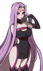 Rule 34 | 1girl, absurdres, bare shoulders, breasts, cleavage, cleavage cutout, clothing cutout, covered navel, cowboy shot, ennuigrl, facial mark, fate/grand order, fate/stay night, fate (series), forehead mark, hand up, highres, long hair, medusa (fate), medusa (rider) (fate), medusa (rider) (third ascension) (fate), purple eyes, purple hair, simple background, solo, strapless, very long hair, white background