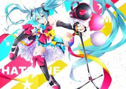 Rule 34 | 1girl, 39, aqua bow, aqua eyes, aqua hair, balloon, bare shoulders, black hair, black sleeves, bow, bowtie, character name, commentary, confetti, cube, detached sleeves, dress, frilled skirt, frills, full body, hair ornament, hair ribbon, hatsune miku, headphones, holding, holding microphone stand, kikori70796699, knees up, long hair, magical mirai (vocaloid), magical mirai miku, magical mirai miku (2018), microphone stand, outstretched arm, petticoat, pink bow, ribbon, shoes, skirt, sleeveless, sleeveless dress, smile, solo, speaker, star (symbol), thighhighs, twintails, v-shaped eyebrows, very long hair, vocaloid, yellow bow