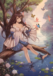 Rule 34 | 1girl, ankle cuffs, bare shoulders, barefoot, bird, black hair, blue eyes, blue skirt, breasts, brown hair, bug, butterfly, butterfly on hand, cleavage, detached sleeves, dress, feet, flamingo, flower, full body, highres, in tree, insect, lake, lazuri7, lily pad, long hair, long sleeves, lotus, nature, open mouth, original, outdoors, pink flower, pink rose, plant, reflection, ripples, rose, sitting, skirt, small breasts, smile, soaking feet, solo, tree, very long hair, water, water drop, white flower, white rose, wide sleeves