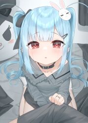 Rule 34 | 1girl, :o, bed, black bow, black skirt, blue hair, bow, collared shirt, commentary request, curtains, frilled shirt collar, frilled socks, frills, grey shirt, hair bow, hair ornament, hairclip, highres, jewelry, long hair, long sleeves, looking at viewer, no shoes, on bed, original, parted lips, rabbit hair ornament, red eyes, ring, shirt, skirt, socks, solo focus, tsukiman, twintails, very long hair, white socks