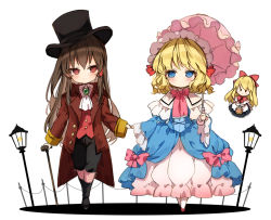 Rule 34 | 3girls, alice margatroid, ascot, black dress, black footwear, black headwear, black pants, blonde hair, blue dress, blue eyes, blush, boots, bow, brooch, brown hair, brown jacket, cane, capelet, closed mouth, collared shirt, commentary request, dress, frilled capelet, frills, hair between eyes, hair bow, hakurei reimu, hat, holding, holding hands, holding umbrella, jacket, jewelry, juliet sleeves, knee boots, lamppost, long hair, long sleeves, multiple girls, pants, pink bow, pink umbrella, piyokichi, puffy sleeves, red bow, red eyes, red footwear, red vest, shanghai doll, shirt, shoes, smile, top hat, touhou, umbrella, very long hair, vest, white ascot, white background, white capelet, white shirt, wide sleeves