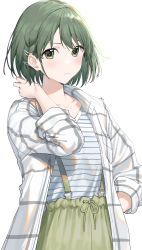 Rule 34 | 1girl, absurdres, arjent, blush, braid, collarbone, commentary, expressionless, green eyes, green hair, highres, idolmaster, idolmaster shiny colors, jacket, looking at viewer, nanakusa nichika, plaid, plaid jacket, shirt, short hair, shorts, simple background, solo, striped clothes, striped shirt, suspender shorts, suspenders, symbol-only commentary, white background