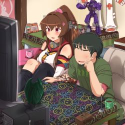 Rule 34 | 10s, 1boy, 1girl, :d, artist self-insert, beard, black hair, breasts, brown hair, calendar (object), cherry blossoms, commentary request, cthulhu, cthulhu mythos, cup, detached sleeves, facial hair, figure, hair between eyes, highres, husband and wife, jewelry, kantai collection, large breasts, mug, noisy boy, open mouth, peanuts (comic), purple eyes, real steel, ring, shin&#039;en-san (shin&#039;en), shin&#039;en (gyokuro company), single thighhigh, smile, snoopy, tattoo, television, thighhighs, wedding band, wedding ring, yamato (kancolle)