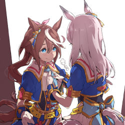 Rule 34 | 2girls, adjusting clothes, adjusting necktie, animal ears, blue eyes, blue neckwear, blue shirt, bow, brown hair, character request, check character, cowboy shot, ear ornament, gloves, grey hair, hair bow, highres, horse ears, horse girl, horse tail, light blush, long hair, looking at another, mejiro mcqueen (umamusume), multicolored hair, multiple girls, necktie, official alternate costume, pink hair, ree (re-19), shirt, simple background, smile, streaked hair, tail, tail through clothes, tokai teio (umamusume), umamusume, white background, white gloves, white hair