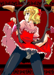 Rule 34 | 1girl, ass, back, black eyes, black pantyhose, blonde hair, blush, bow, cameltoe, clothes lift, crotch seam, crystal, fang, fat mons, female focus, flandre scarlet, from behind, grin, hair bow, highres, looking at viewer, looking back, low wings, no headwear, panties, panties under pantyhose, pantyhose, red background, red eyes, ribbon, ryoutya, short hair, side ponytail, skirt, skirt lift, smile, solo, standing, straight hair, touhou, trefoil, underwear, upskirt, wings